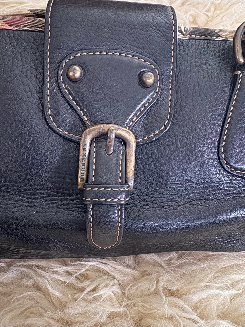 Burberry Black Pebble Soft Leather Satchel Bag with Plaid Trim